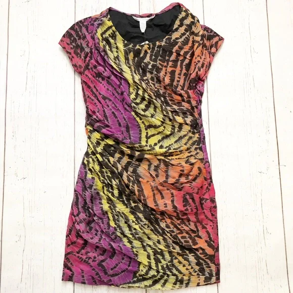 Diane Von Furstenberg | Dresses | Diane Von Furstenberg Multi Colored  Miranda Ruffles Silk Chiffon Dress 4 Mini